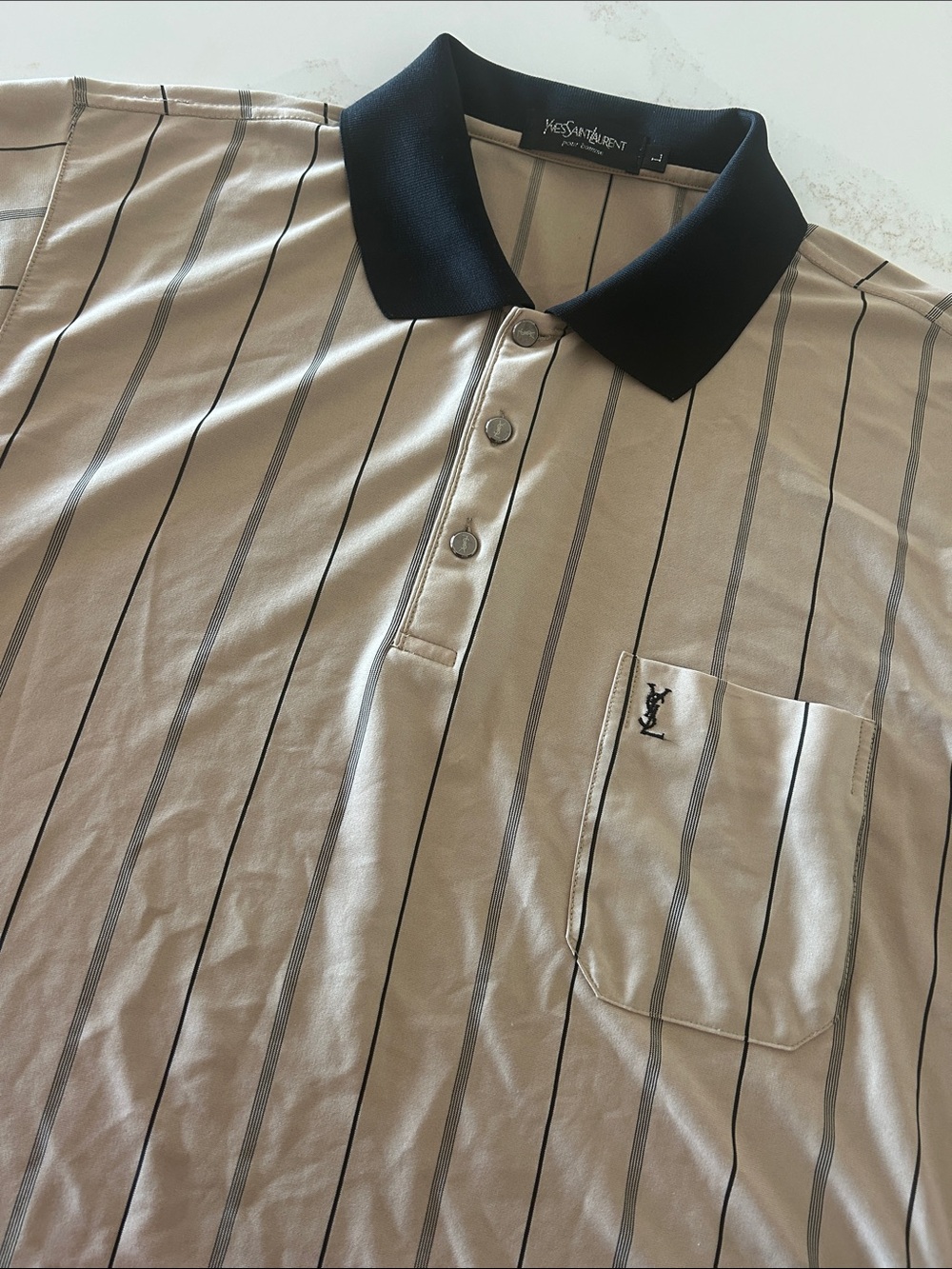 Men’s Silk Yves Saint Laurent Beige Pinstripe Polo with Black Collar